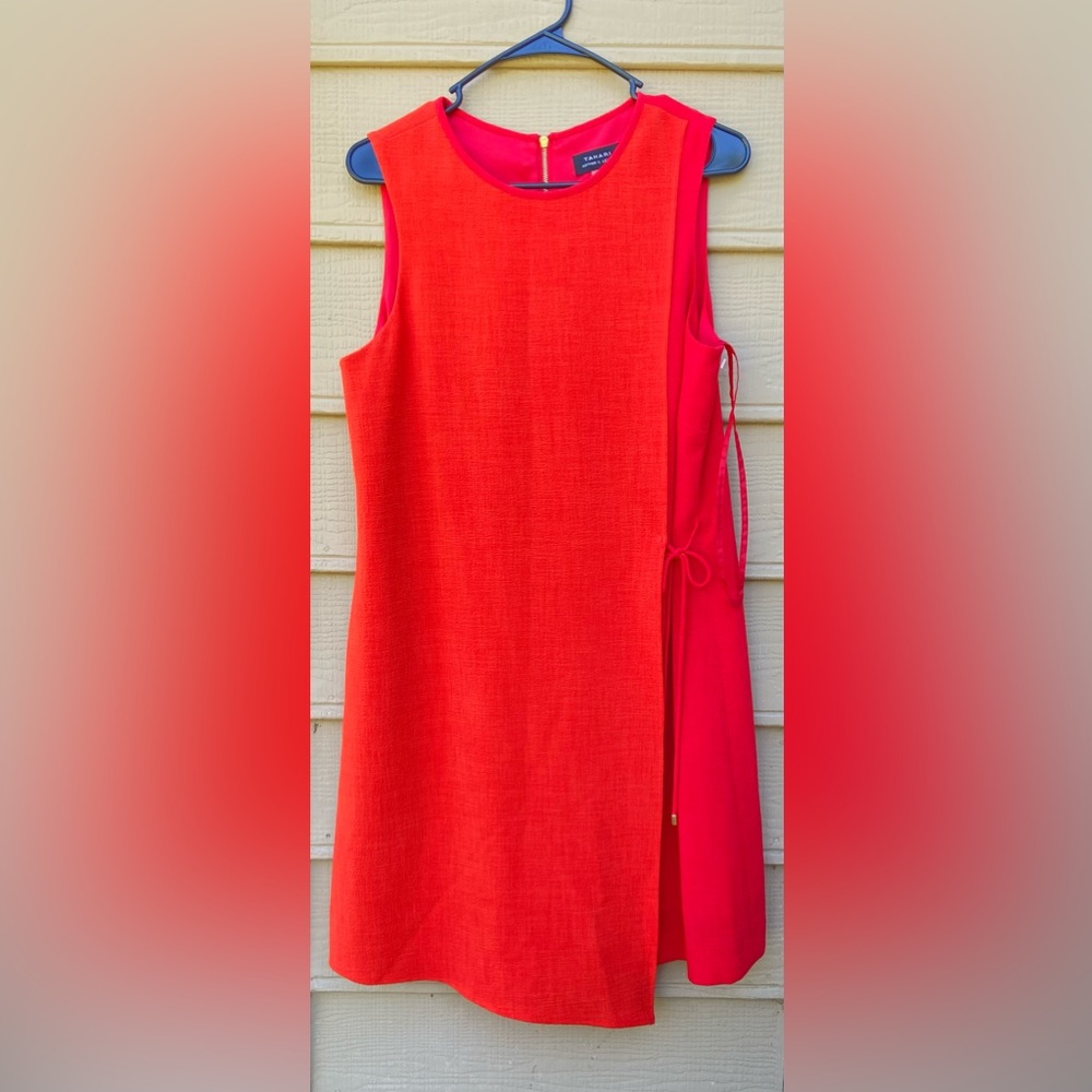 Tahari Arthur S Levine Tunic Dress Women Orange Red Color Block Loose Shift - Picture 2 of 8